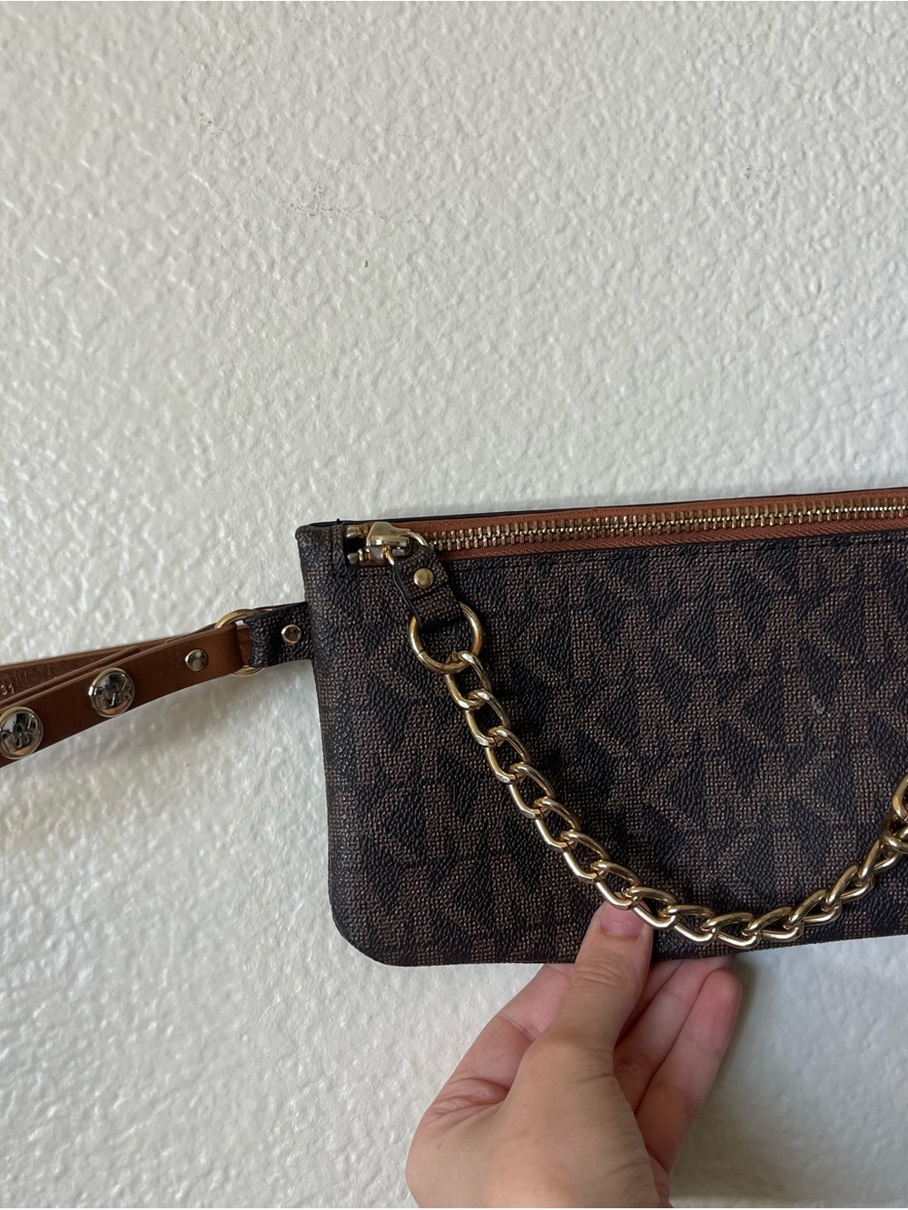 Michael Kors Brown Monogram Chain Wristlet with Gold Hardware - Picture 6 of 7